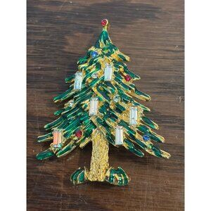 VTg Capri Gold-Tone Christmas Tree Brooch With Green & Multicolor Rhinestones